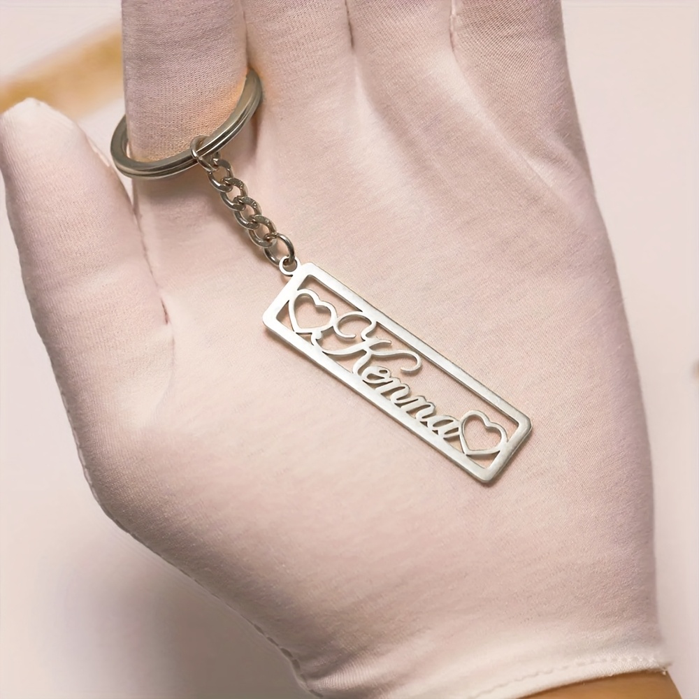Personalized Long Rectangular Name Keychain with Heart Charm